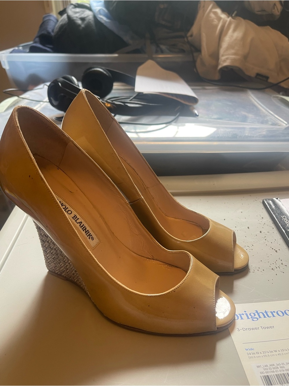 Manolo Blahnik Tan Patent Leather Woven Peeptoe Wedge